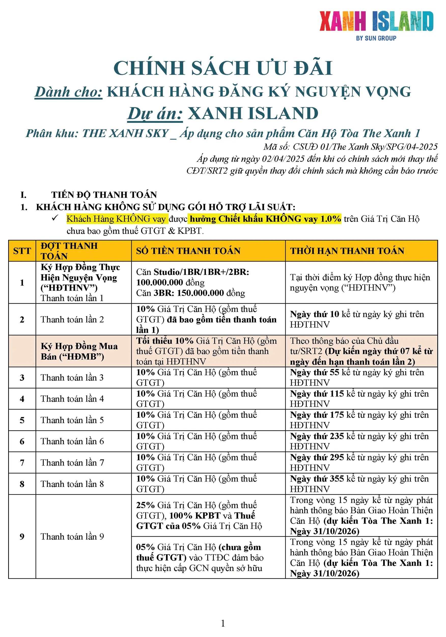 Chính sách ưu đãi và Lịch thanh toán cho The Xanh Sky thuộc dự án Xanh Island – Trang 1 Chính sách ưu đãi và Lịch thanh toán cho The Xanh Sky thuộc dự án Xanh Island - Trang 1
