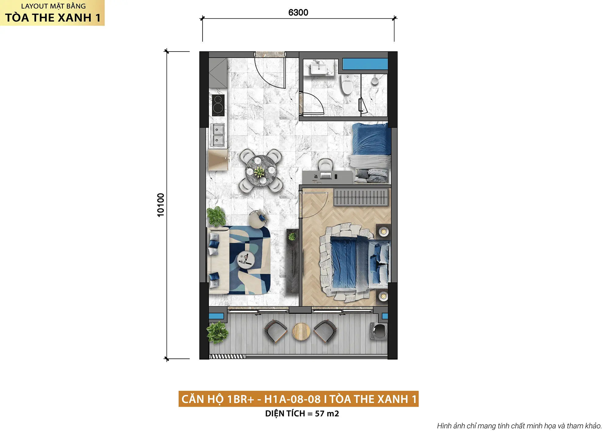 Layout thiết kế căn hộ 1BR+ H1A-08-08 tòa The Xanh 1 thuộc dự án Xanh Island Cát Bà Layout thiết kế căn hộ 1BR+ H1A-08-08 tòa The Xanh 1 thuộc dự án Xanh Island Cát Bà