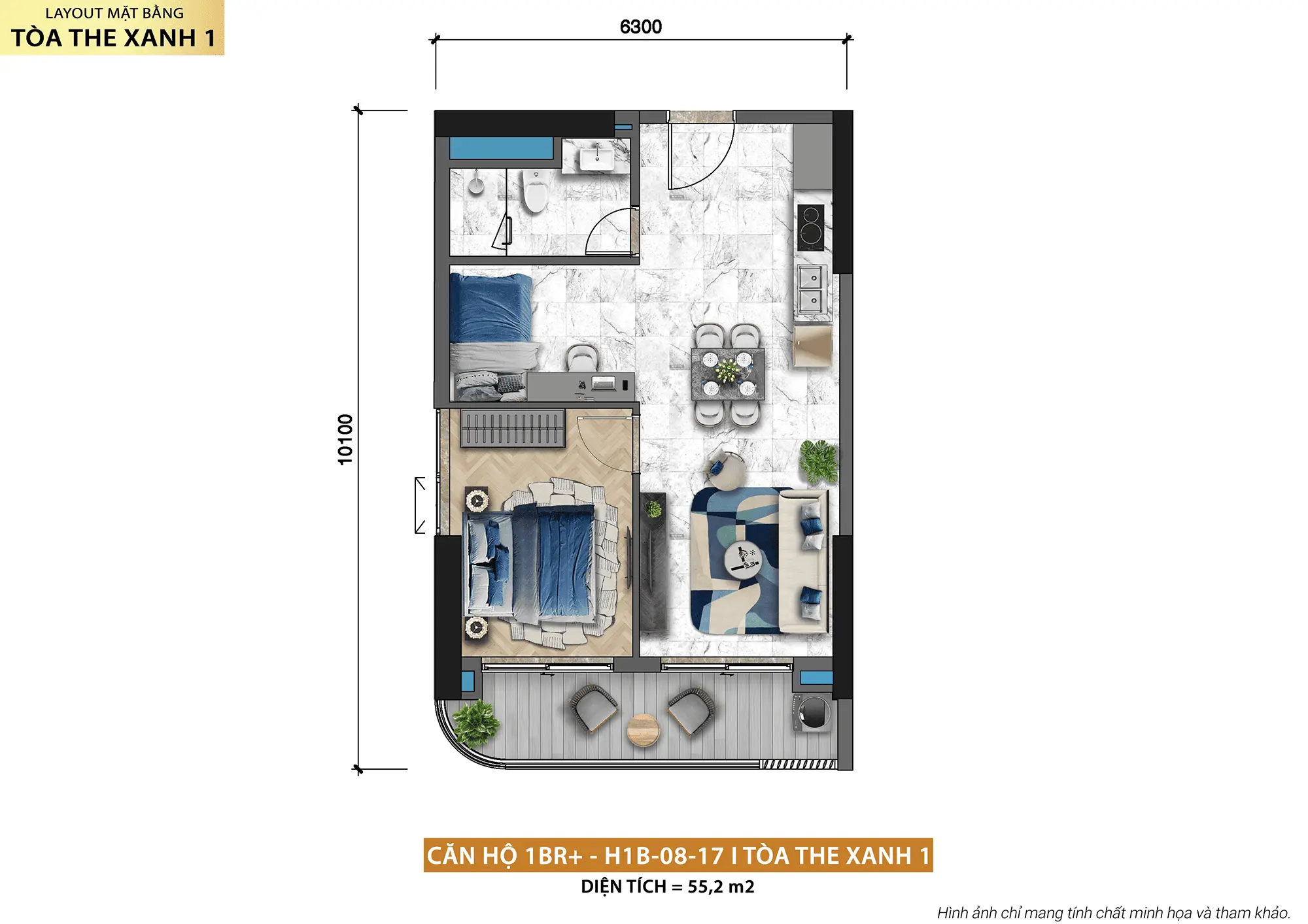 Layout thiết kế căn hộ 1BR+ H1B-08-17 tòa The Xanh 1 thuộc dự án Xanh Island Cát Bà Layout thiết kế căn hộ 1BR+ H1B-08-17 tòa The Xanh 1 thuộc dự án Xanh Island Cát Bà