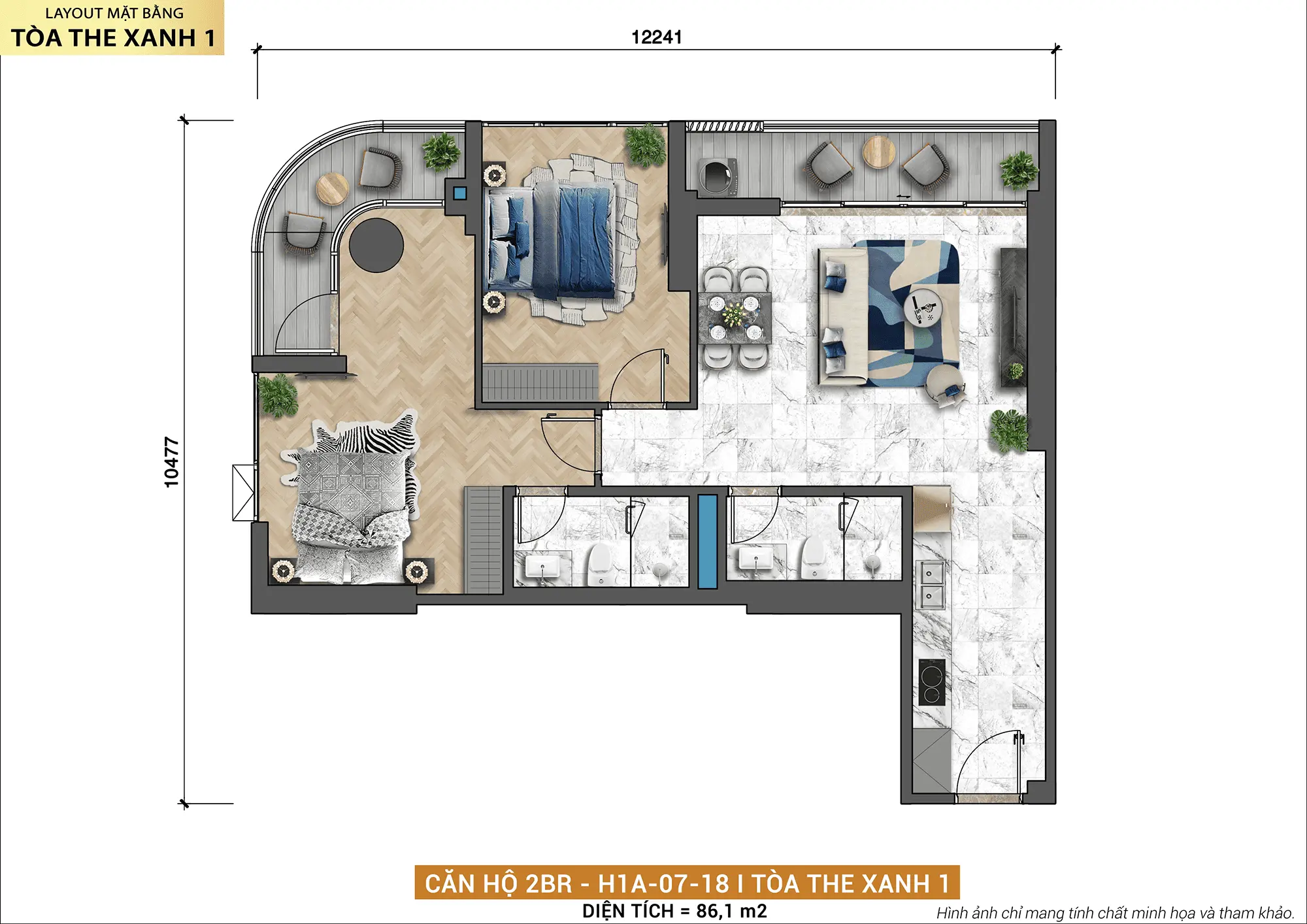 Layout thiết kế căn hộ 2BR H1A-07-18 tòa The Xanh 1 thuộc dự án Xanh Island Cát Bà Layout thiết kế căn hộ 2BR H1A-07-18 tòa The Xanh 1 thuộc dự án Xanh Island Cát Bà
