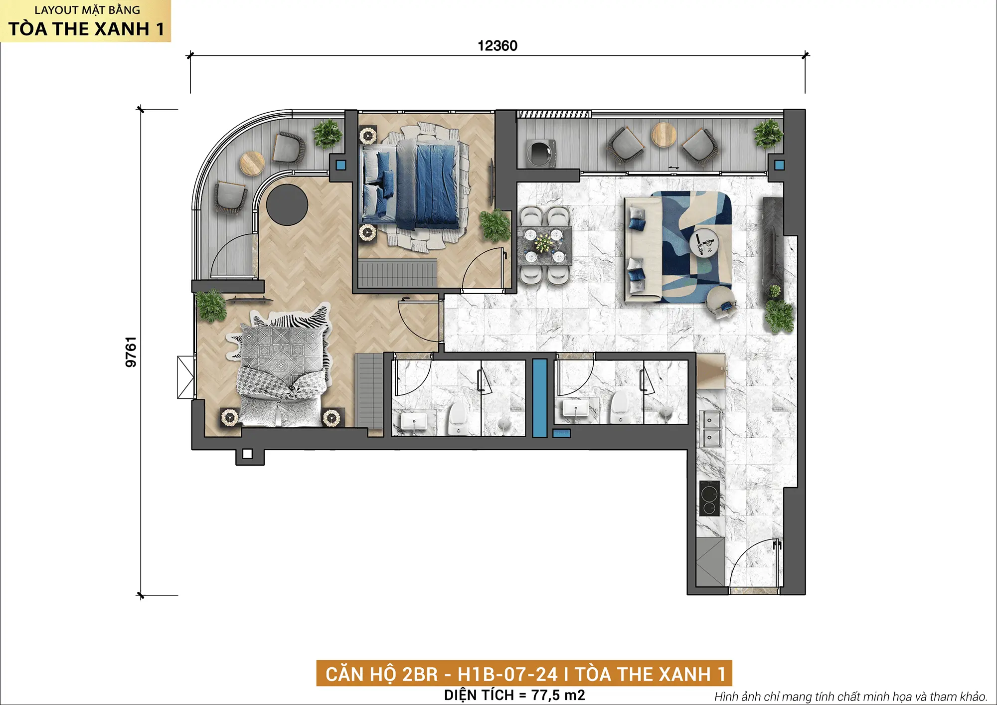 Layout thiết kế căn hộ 2BR H1B-07-24 tòa The Xanh 1 thuộc dự án Xanh Island Cát Bà Layout thiết kế căn hộ 2BR H1B-07-24 tòa The Xanh 1 thuộc dự án Xanh Island Cát Bà