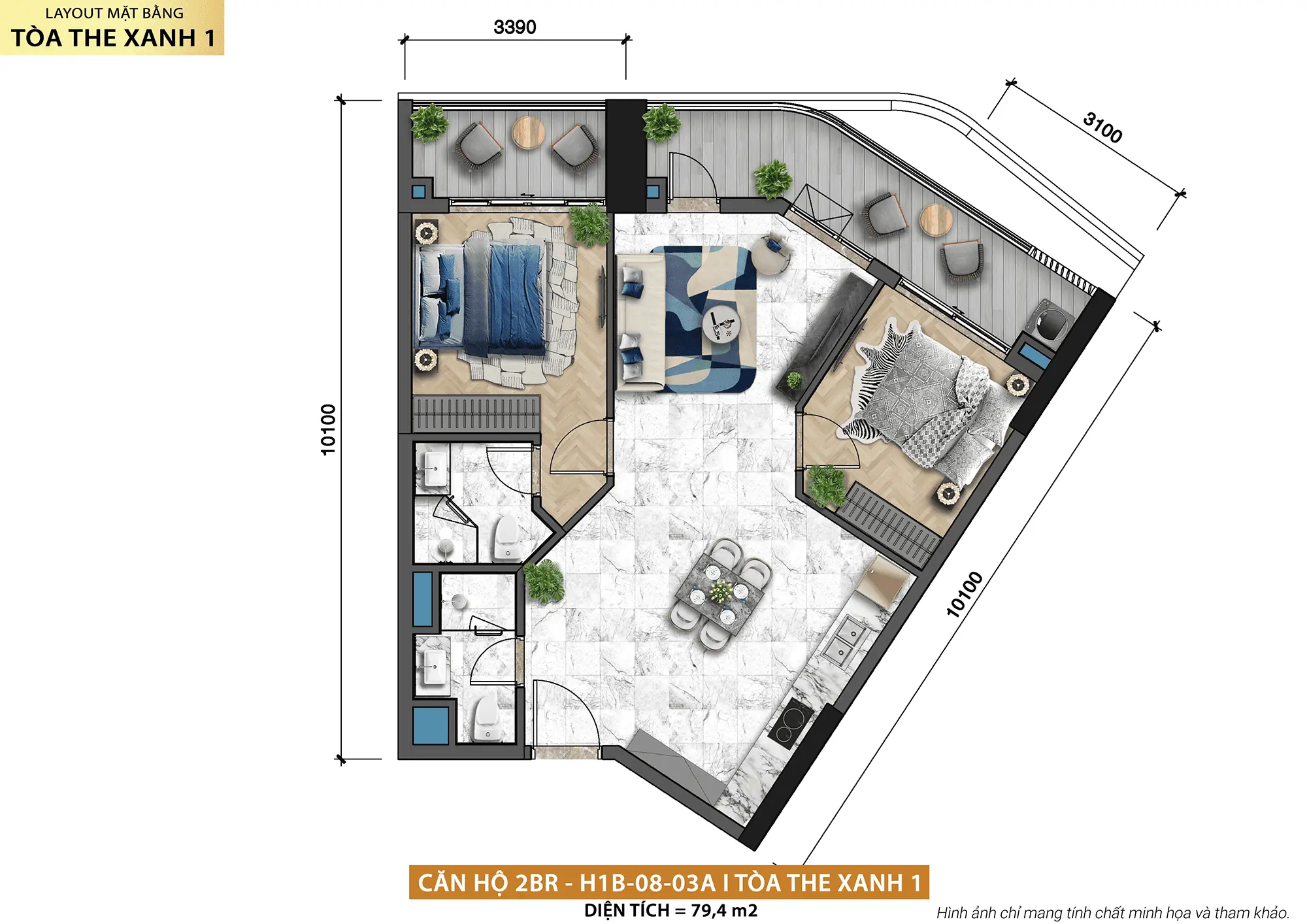 Layout thiết kế căn hộ 2BR H1B-08-03A tòa The Xanh 1 thuộc dự án Xanh Island Cát Bà Layout thiết kế căn hộ 2BR H1B-08-03A tòa The Xanh 1 thuộc dự án Xanh Island Cát Bà