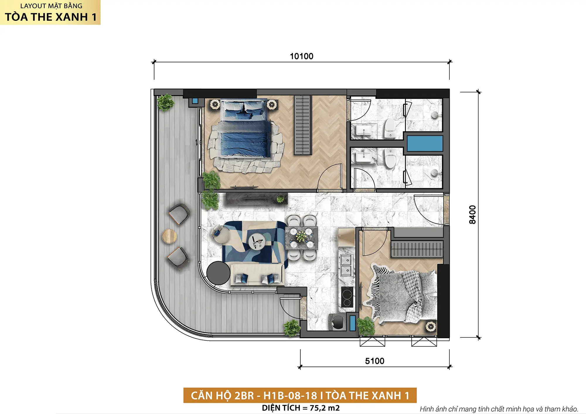Layout thiết kế căn hộ 2BR H1B-08-18 tòa The Xanh 1 thuộc dự án Xanh Island Cát Bà Layout thiết kế căn hộ 2BR H1B-08-18 tòa The Xanh 1 thuộc dự án Xanh Island Cát Bà