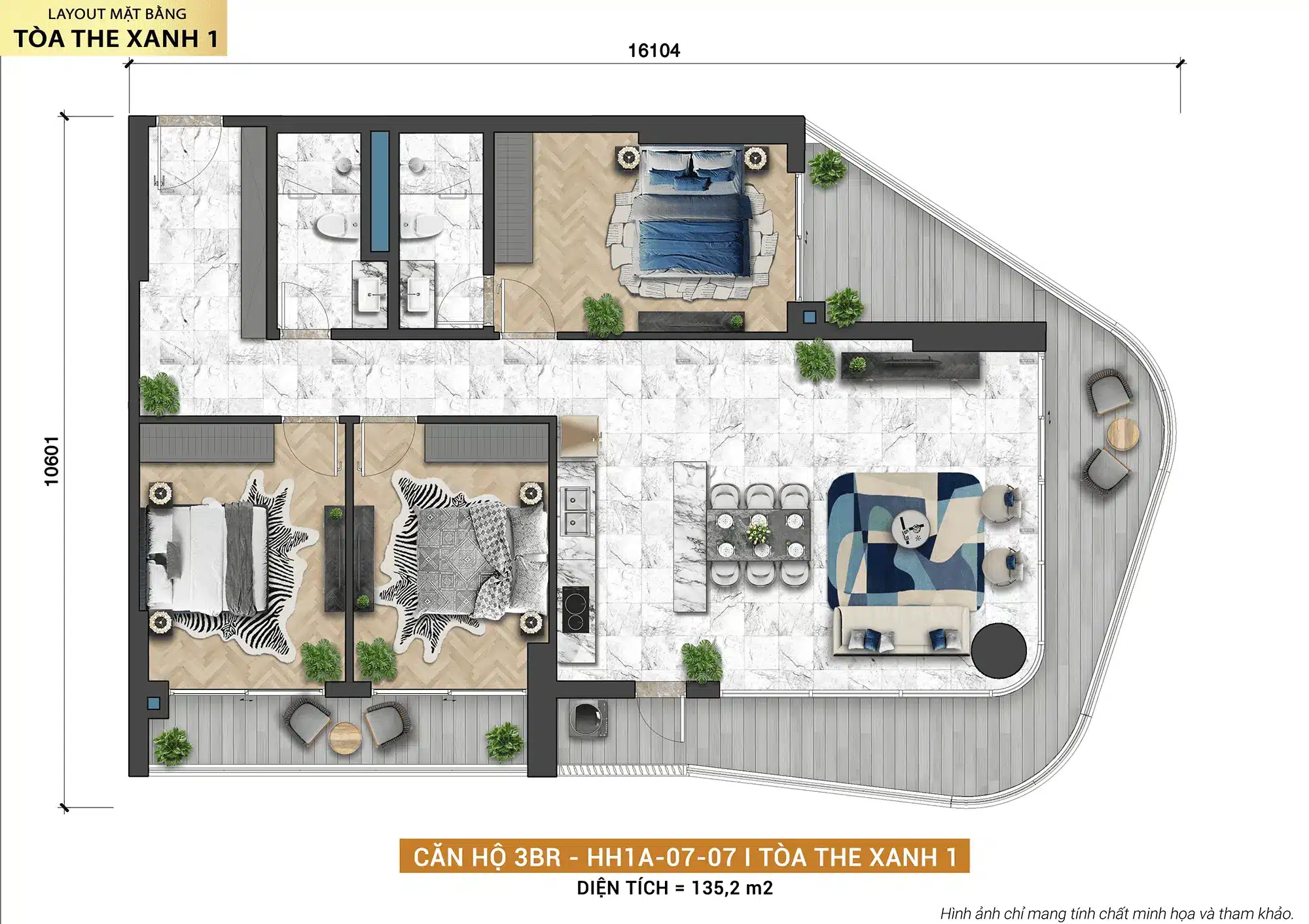 Layout thiết kế căn hộ 3BR HH1A-07-07 tòa The Xanh 1 thuộc dự án Xanh Island Cát Bà Layout thiết kế căn hộ 3BR HH1A-07-07 tòa The Xanh 1 thuộc dự án Xanh Island Cát Bà