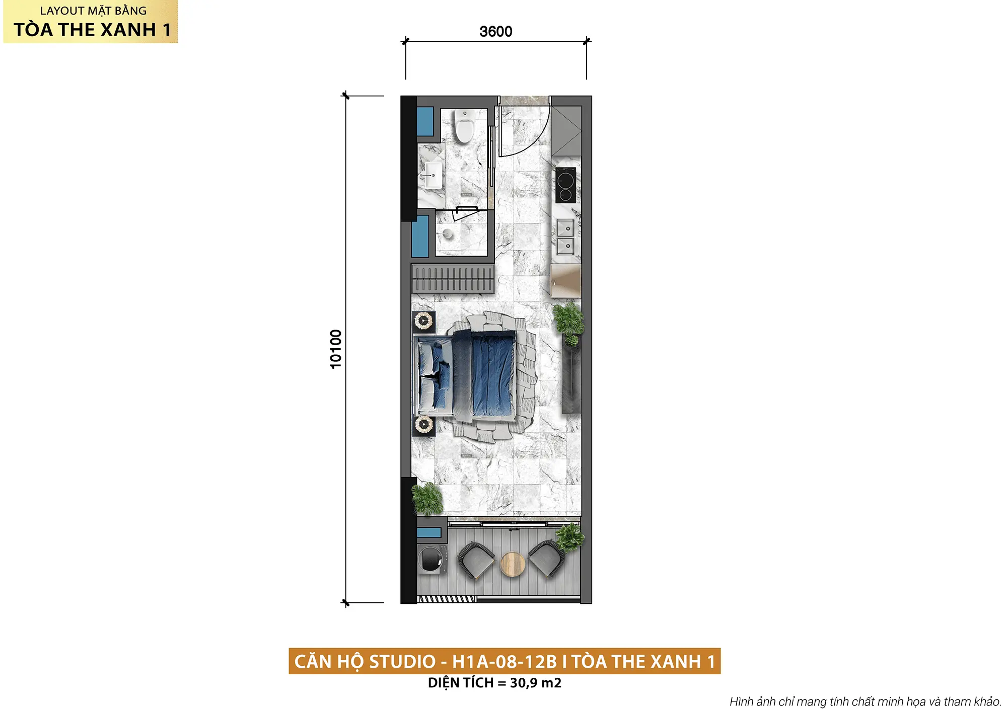 Layout thiết kế căn hộ Studio H1A-08-12B tòa The Xanh 1 thuộc dự án Xanh Island Cát Bà Layout thiết kế căn hộ Studio H1A-08-12B tòa The Xanh 1 thuộc dự án Xanh Island Cát Bà