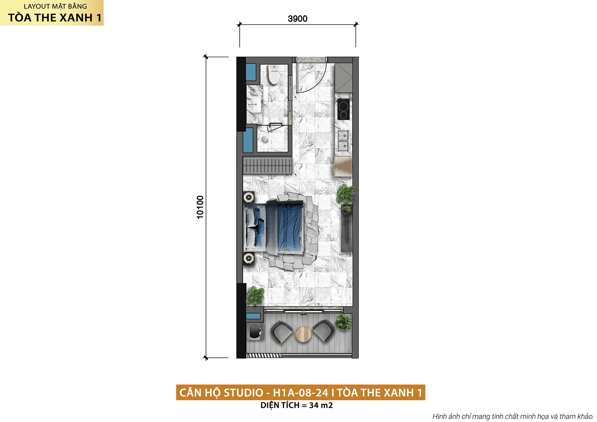 Layout thiết kế căn hộ Studio H1A-08-24 tòa The Xanh 1 thuộc dự án Xanh Island Cát Bà Layout thiết kế căn hộ Studio H1A-08-24 tòa The Xanh 1 thuộc dự án Xanh Island Cát Bà