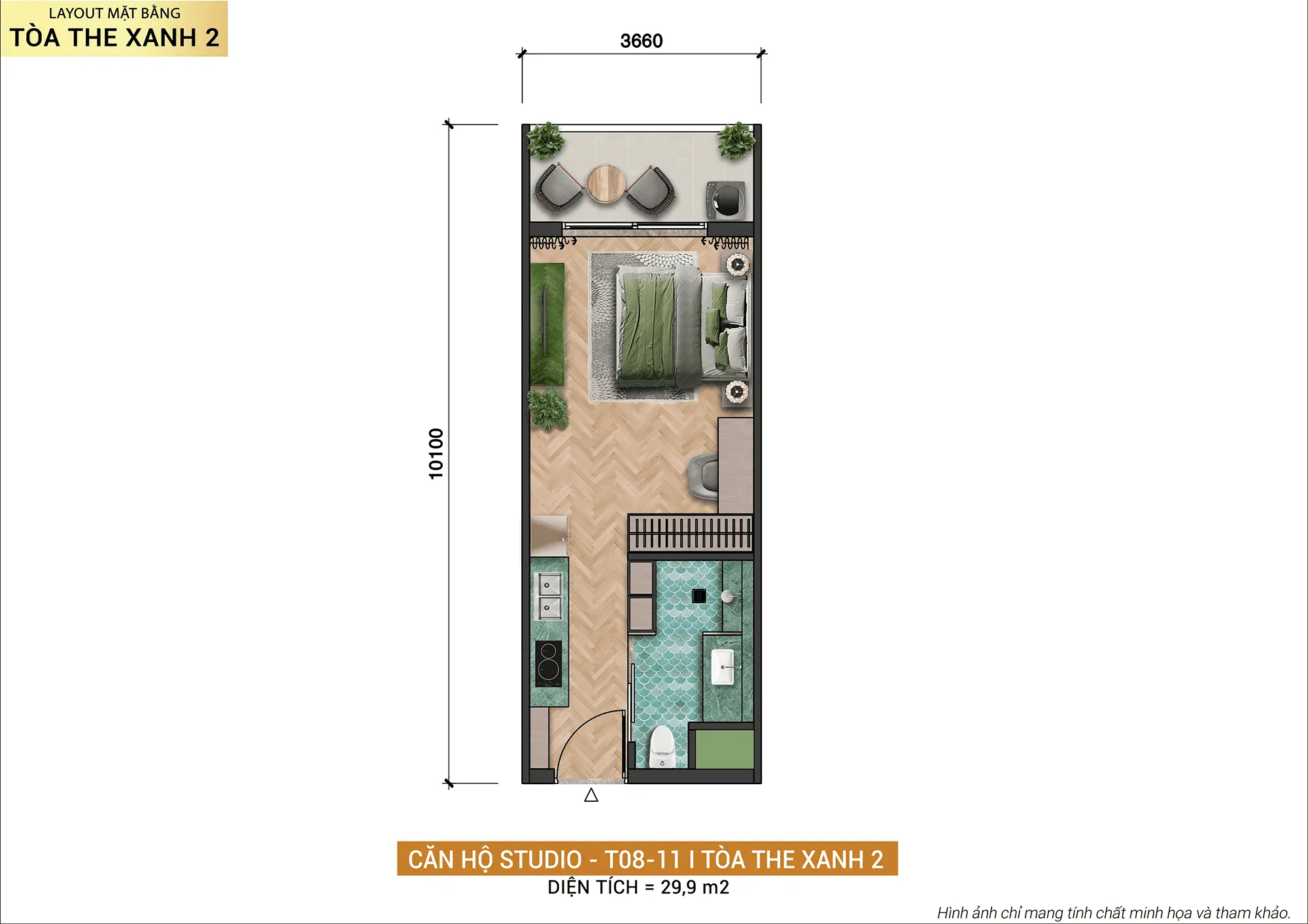 Layout thiết kế căn hộ Studio T08-11 tòa The Xanh 2 thuộc dự án Xanh Island Cát Bà Layout thiết kế căn hộ Studio T08-11 tòa The Xanh 2 thuộc dự án Xanh Island Cát Bà