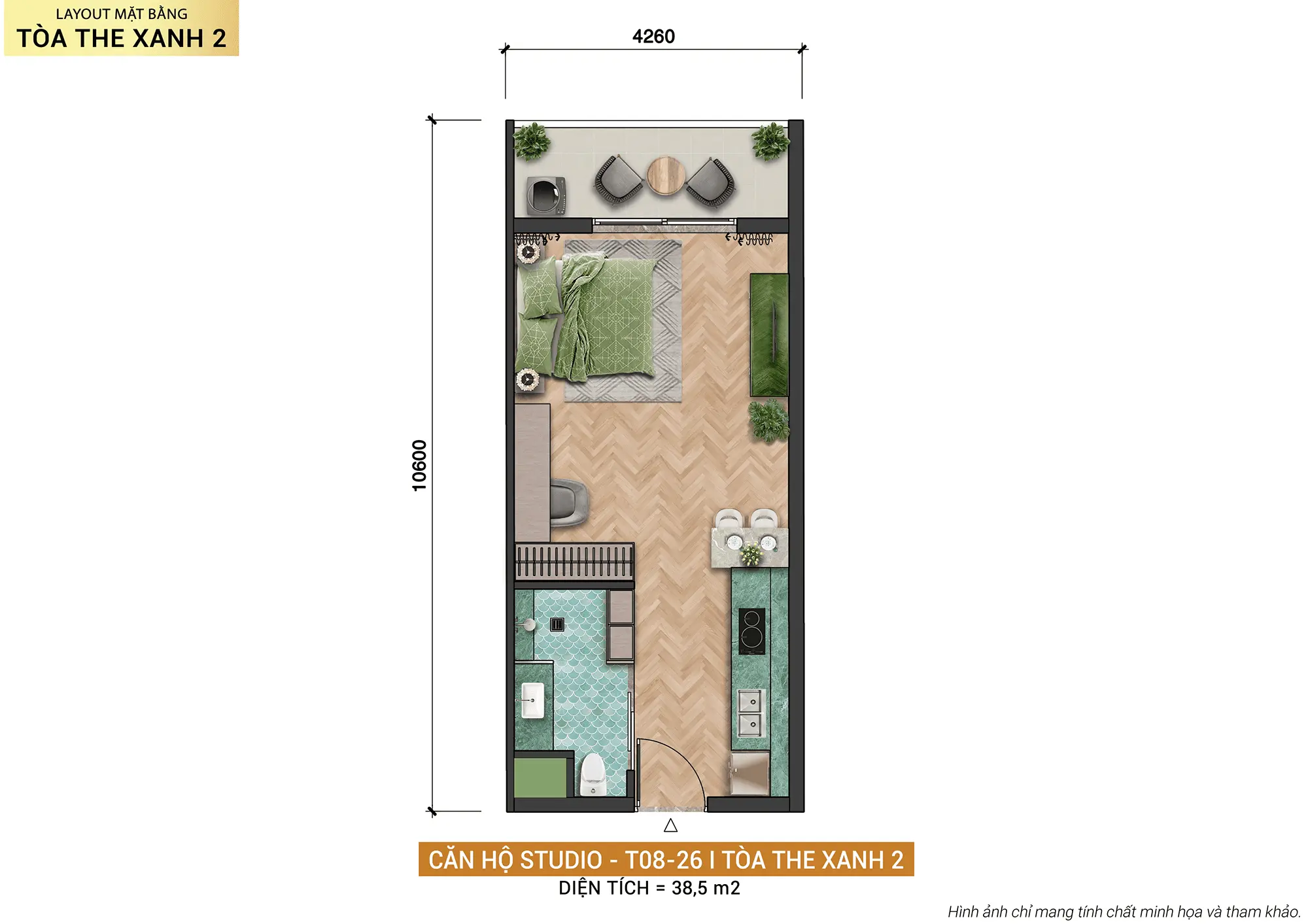 Layout thiết kế căn hộ Studio T08-26 tòa The Xanh 2 thuộc dự án Xanh Island Cát Bà Layout thiết kế căn hộ Studio T08-26 tòa The Xanh 2 thuộc dự án Xanh Island Cát Bà