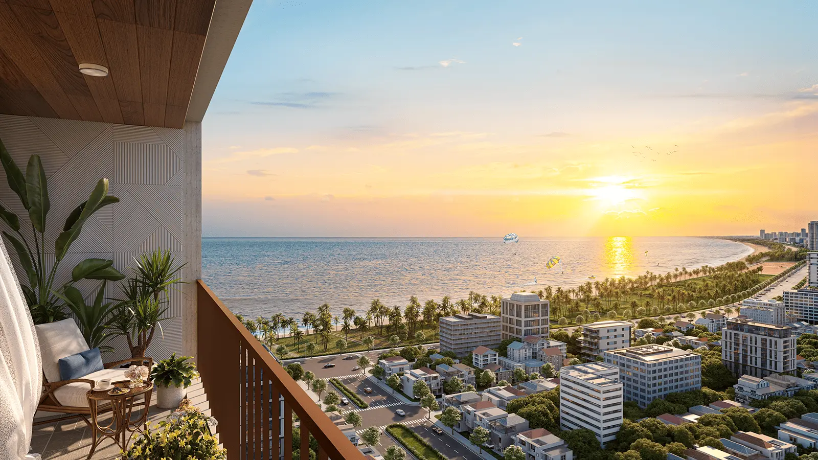 View biển Mỹ Khê tuyệt đẹp từ ban công Sun Costa Residences Đà Nẵng, mang lại cuộc sống thăng hoa và tiềm năng sinh lời vượt trội.