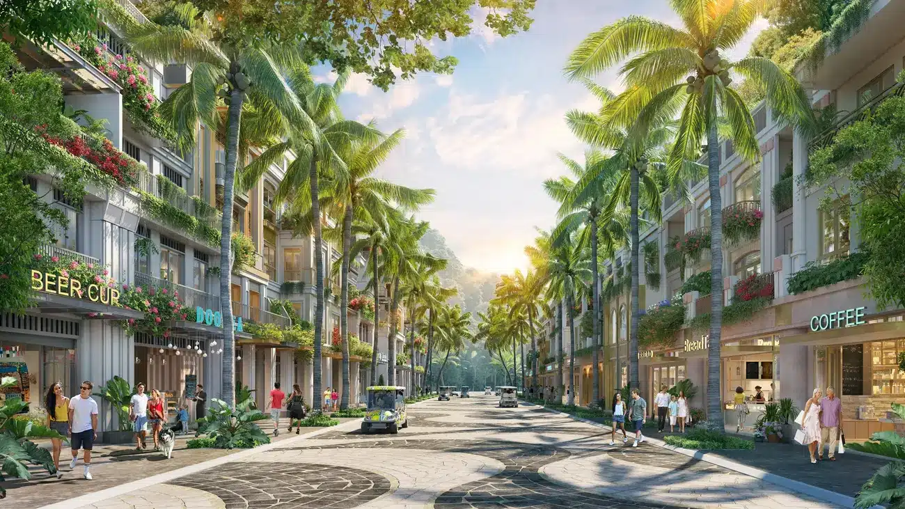 Dãy nhà phố Xanh Boutique trên đảo Xanh Island Cát Bà với thiết kế xanh mát và hiện đại.
