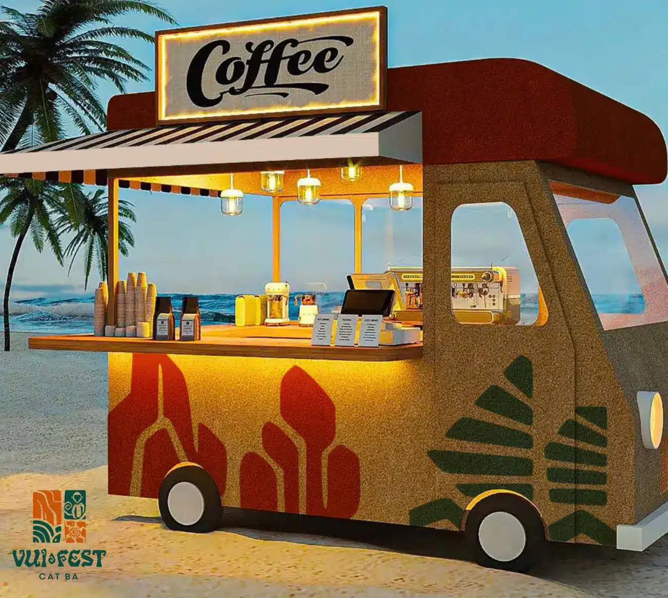 Gian hàng cà phê tại chợ đêm VUI-Fest, Xanh Island Cát Bà tạo trải nghiệm hấp dẫn cho du khách.