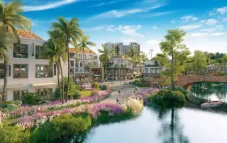 Khung cảnh thanh bình tại Dự án Xanh Island, nơi kiến trúc tinh tế hòa quyện cùng thiên nhiên sông nước.