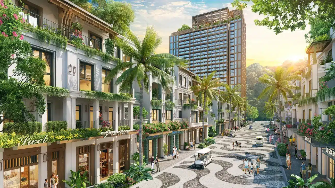 Phố đi bộ Xanh Island by Sun Group với kiến trúc tinh tế và không gian xanh mát.