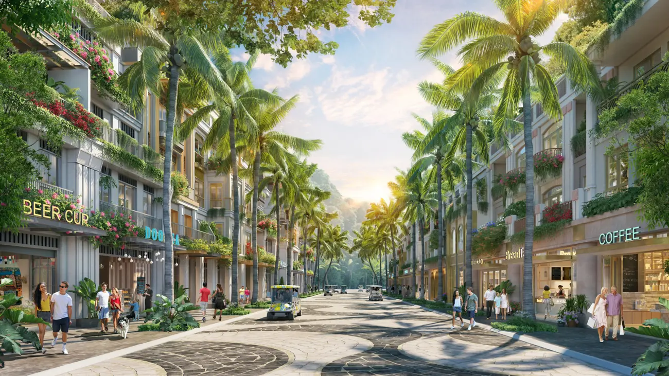 Phố thương mại ven biển tại Xanh Island by Sun Group, nơi giao thoa giữa kiến trúc độc đáo và không gian sống đẳng cấp.