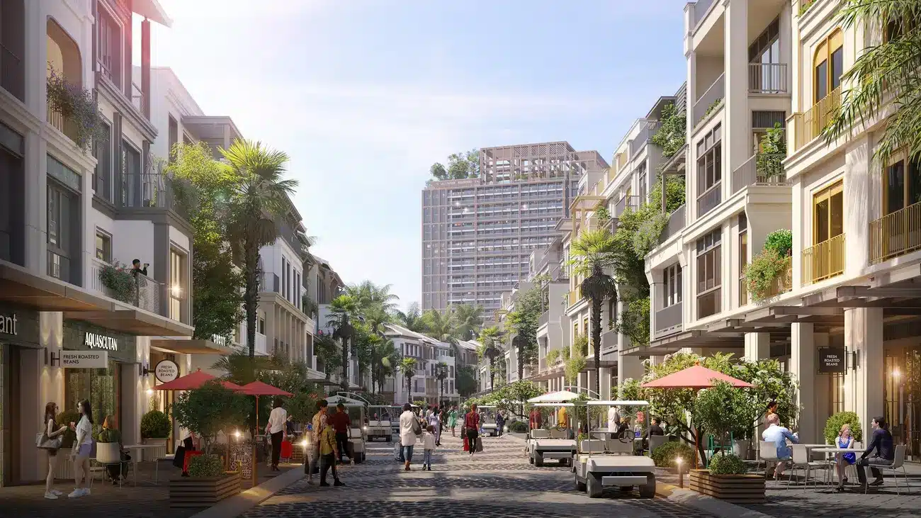 Phối cảnh các dãy nhà phố Xanh Boutique tại Xanh Island, tạo nên không gian sống và kinh doanh đa dạng.