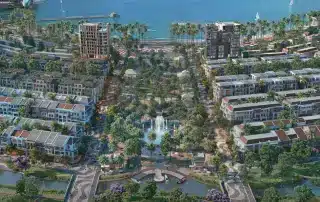 Phối cảnh xanh mát của dự án Xanh Island Sun Group tại Cát Bà, với công viên trung tâm và khu dân cư hiện đại.