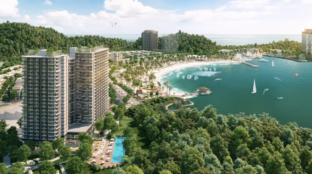 Tầm nhìn toàn cảnh Xanh Island Sun Group với thiết kế hài hòa thiên nhiên ven biển Cát Bà.