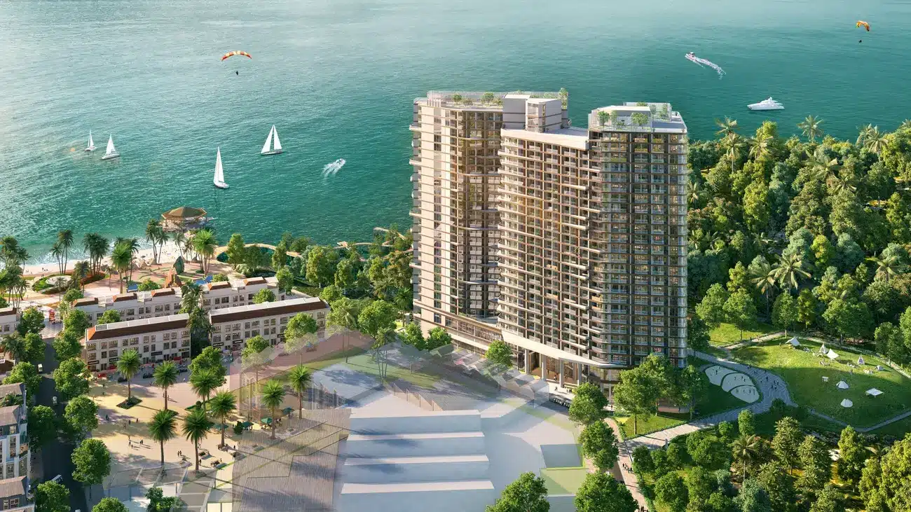 Tòa tháp “The Xanh 1” nổi bật tại dự án Xanh Island, trung tâm nghỉ dưỡng đẳng cấp Cát Bà.