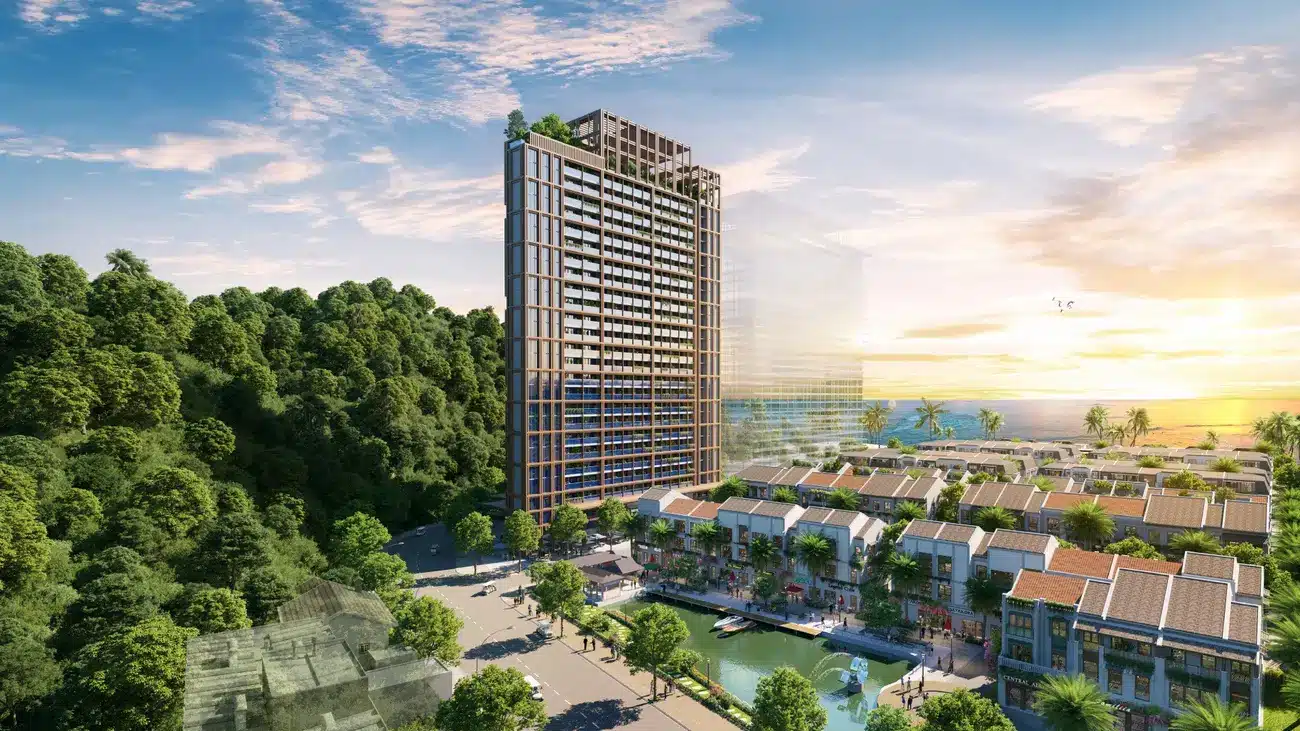 Tòa tháp The Xanh 2 tại dự án Sun Xanh Island nổi bật với thiết kế hiện đại và tầm nhìn tuyệt đẹp ra biển Cát Bà.