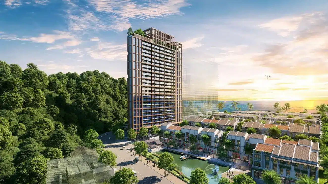 Tòa The Xanh 2 trong dự án Xanh Island Cát Bà với tầm nhìn tuyệt đẹp ra biển và khu rừng xanh mát. Ảnh phối cảnh: Sun Property.